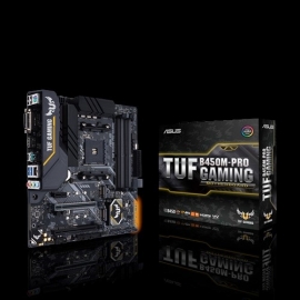 ASUS TUF B450M-PRO GAMING AM4 mATX MB, 4xDDR4 2xM.2 6xSATA Multi GPU CFX DVI-D HDMI Aura Sync RGB