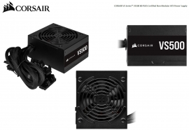 Corsair 500W VS Series 80 PLUS Certified, Flat Cable, 120mm Low Noise Fan, 85% Efficiency, Non-Modular ATX Power Supply. 3 Years Warranty
