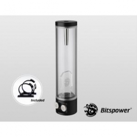 Bitspower Multi-flow Design Reservoir Specifically Designed To Prevent Whirlpool Effect. Clear Body With Black Cap. Sized 200mm. Bp-wtzmu200p-clbk