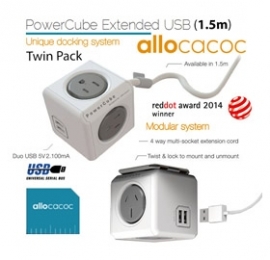 Allocacoc Powercube Extended Usb Grey 4 Outlets 2 Usb 1.5m With Cable (twin Pack) Eleaus5400aueupcx2