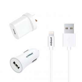 Mbeat 3-in-1 Mfi Usb Lightning Charging Kit (1m Lighting To Usb Cable + 2.1a Car & Wall Charger)
