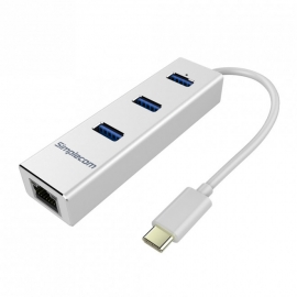Simplecom Aluminium Type-C(Usb-C) To 3 Port Usb 3.0 Hub With Gigabit Ethernet Adapter Silver Chn411 Silver