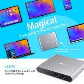 Aten 2 Port Usb-C Gen 1 Dock Switch With Power Pass-Through Supports Samsung Dex Mode And Huawei Desktop Mod Us3310-At