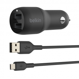BELKIN 2 PORT CAR CHARGER, 12W/2.4A USB-A (2), 1M USB-A TO MICRO USB CABLE (Cce002Bt1Mbk)